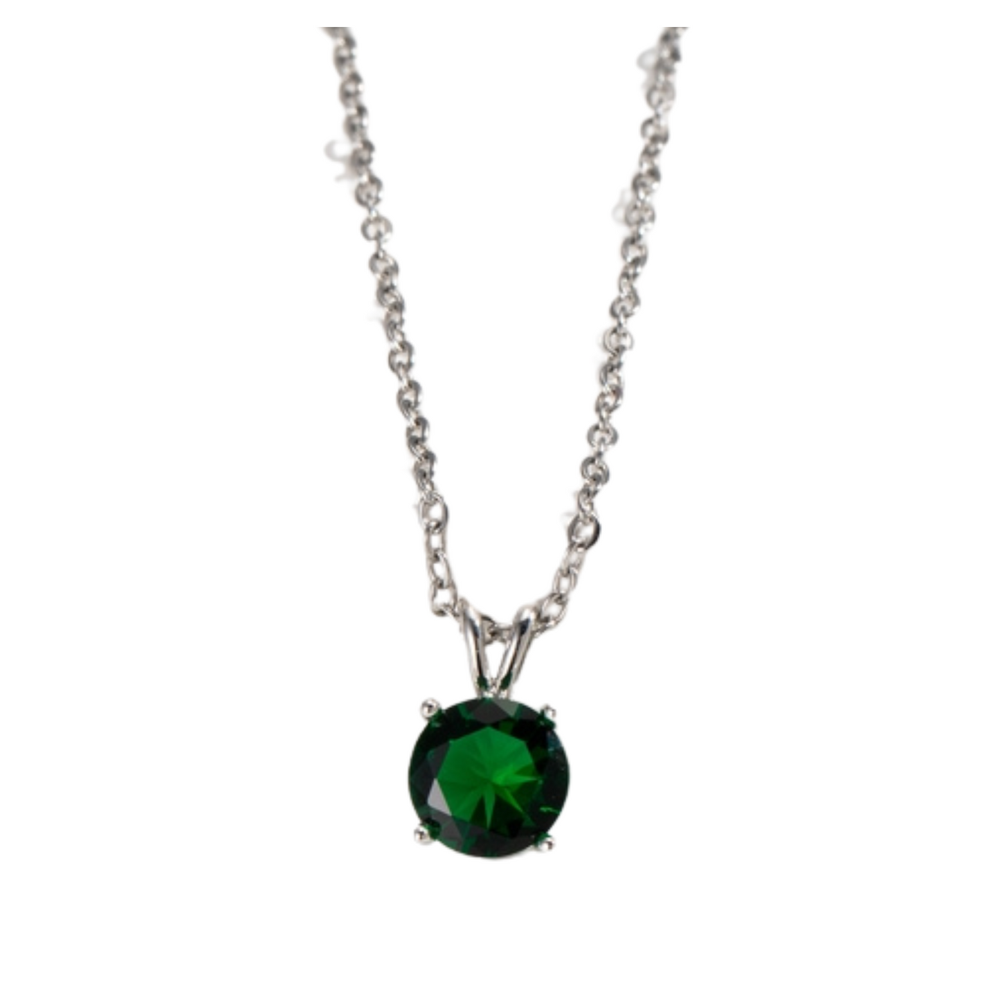 Silver Chain Green Emerald Round Crystal Pendant Necklace