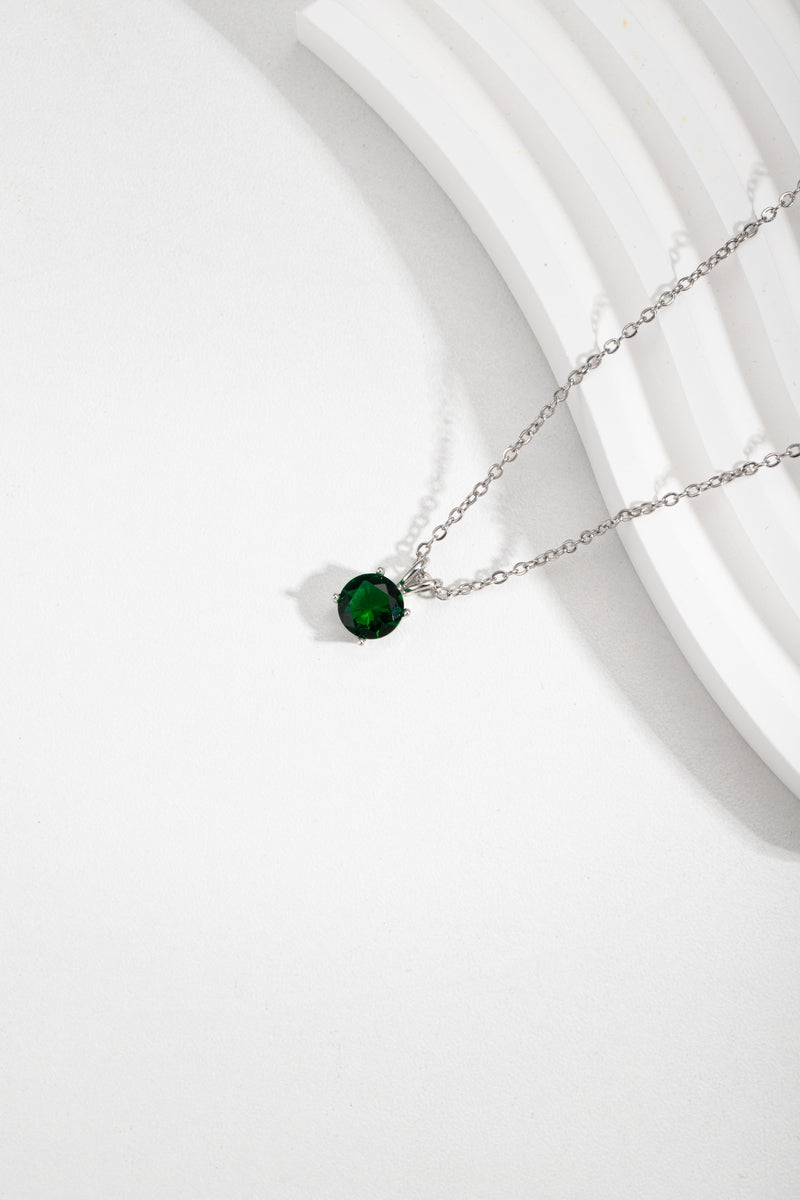 Silver Chain Green Emerald Round Crystal Pendant Necklace