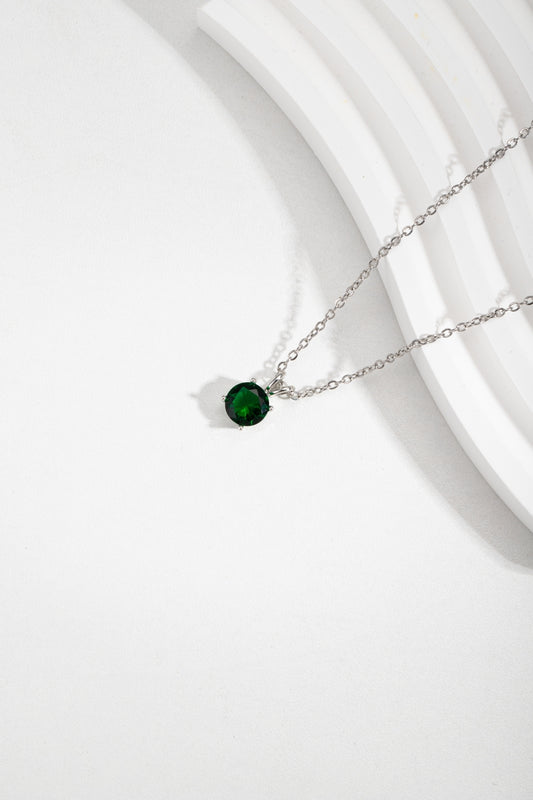 Silver Chain Green Emerald Round Crystal Pendant Necklace