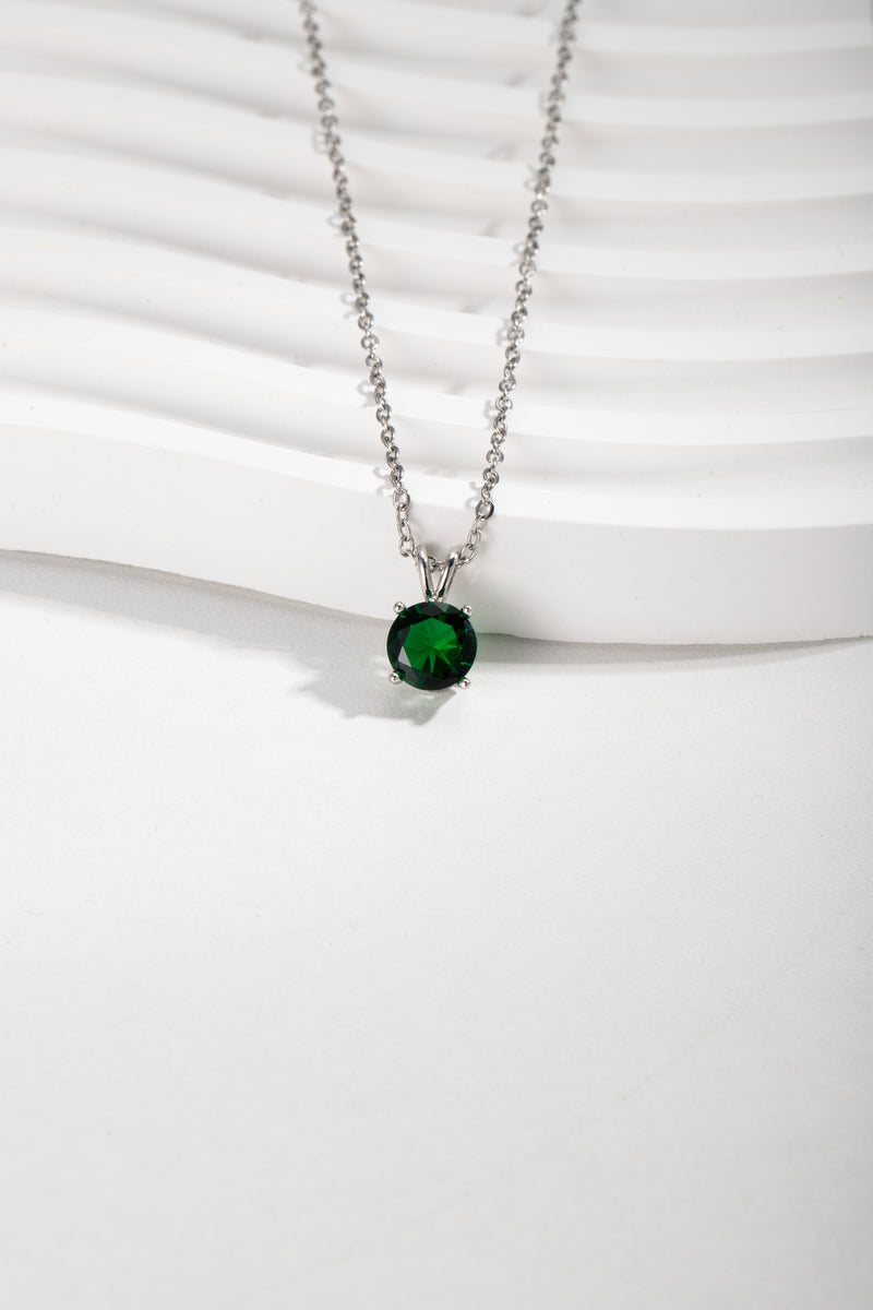 Silver Chain Green Emerald Round Crystal Pendant Necklace
