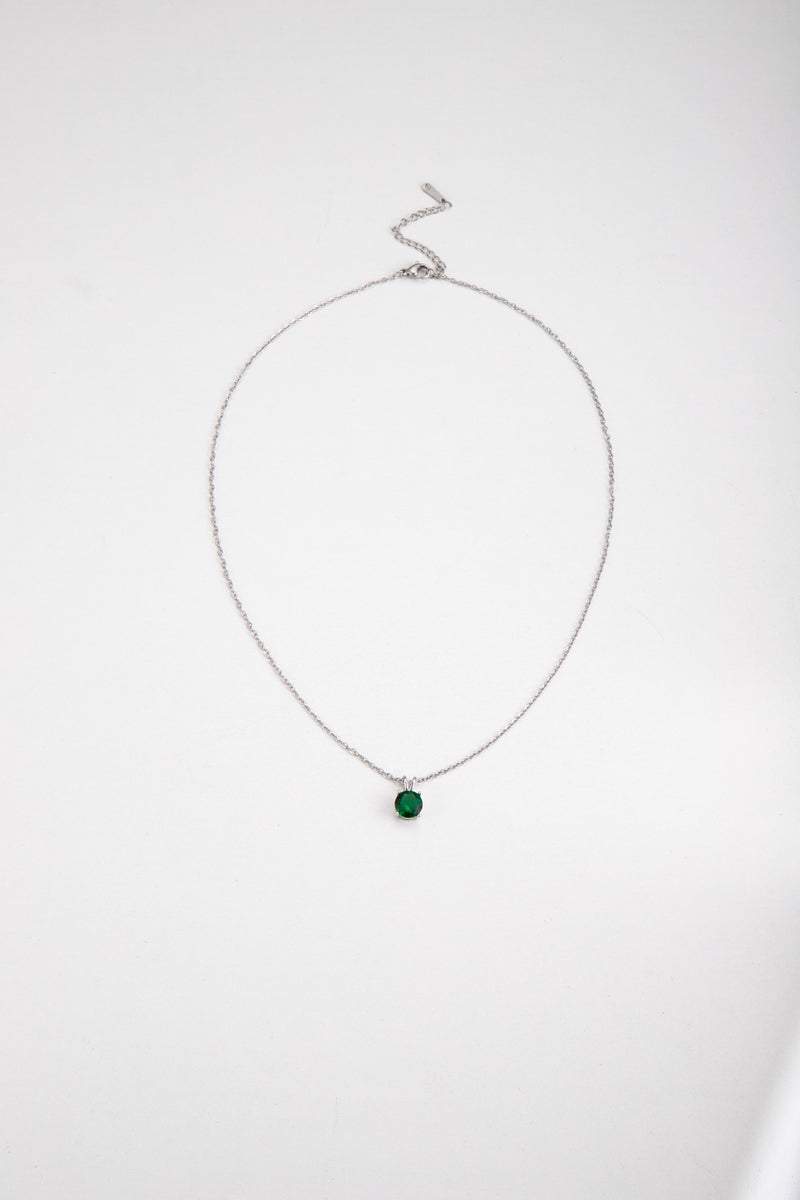 Silver Chain Green Emerald Round Crystal Pendant Necklace