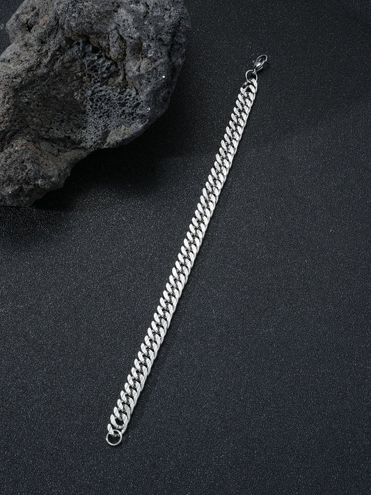 Men Lobster Clasp Double Curb Link Bracelet in Silver Tone