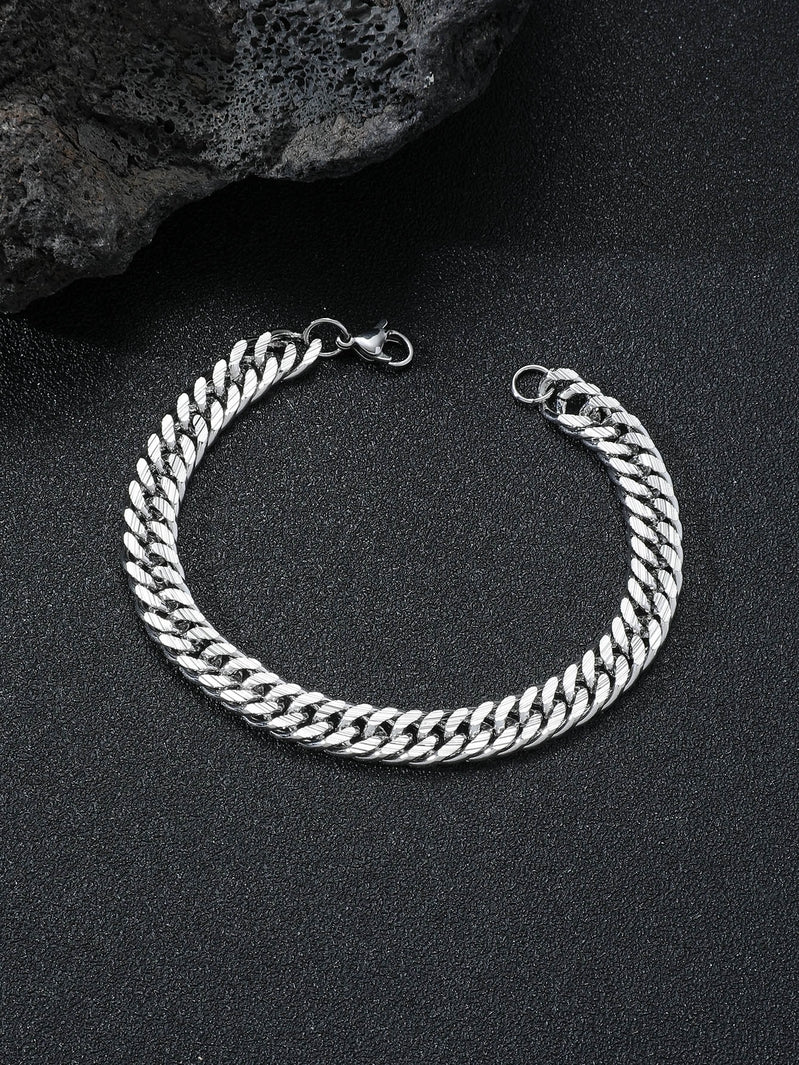 Men Lobster Clasp Double Curb Link Bracelet in Silver Tone