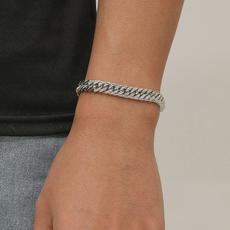Men Lobster Clasp Double Curb Link Bracelet in Silver Tone
