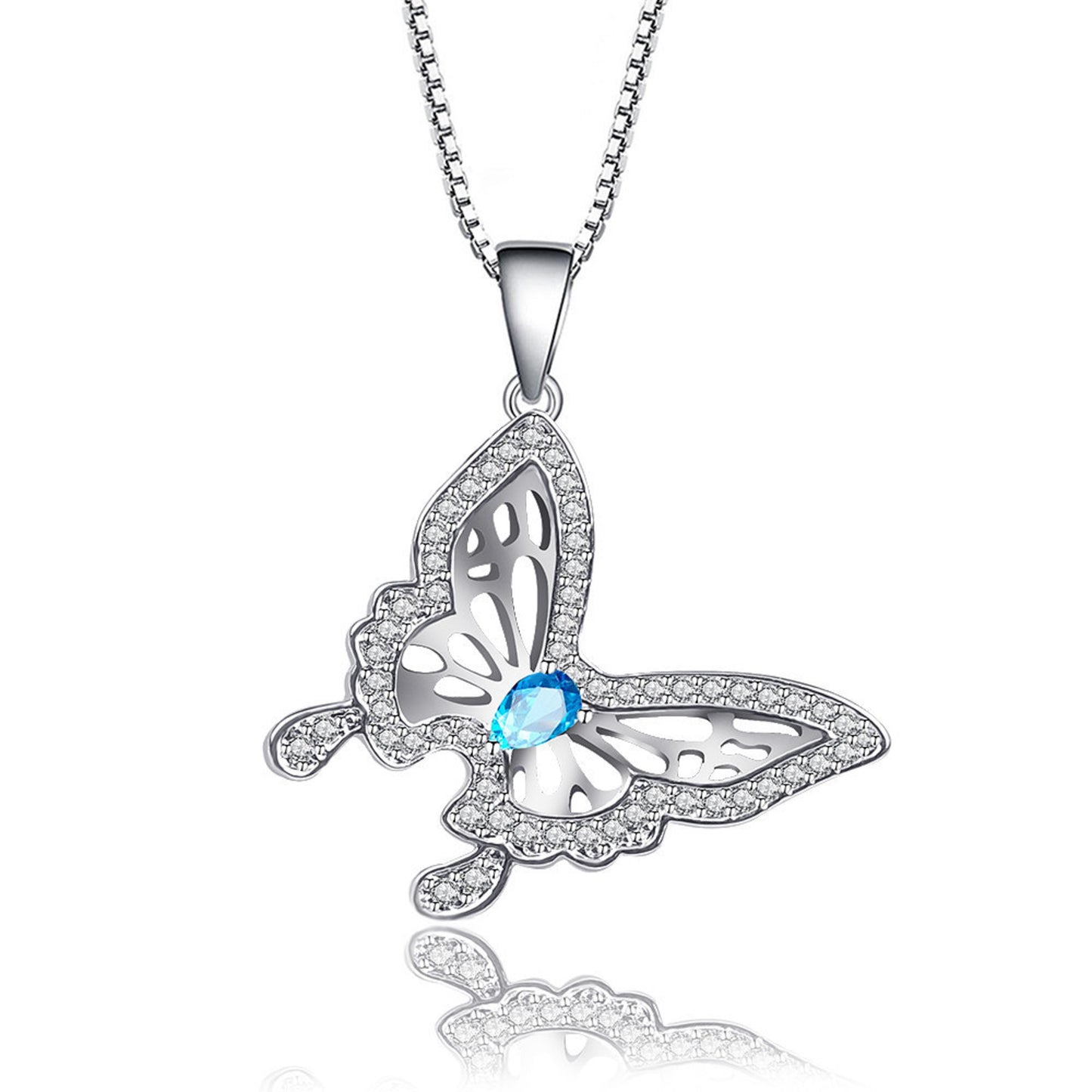Beautiful Blue Crystal Butterfly Silver Tone Pendant Necklace