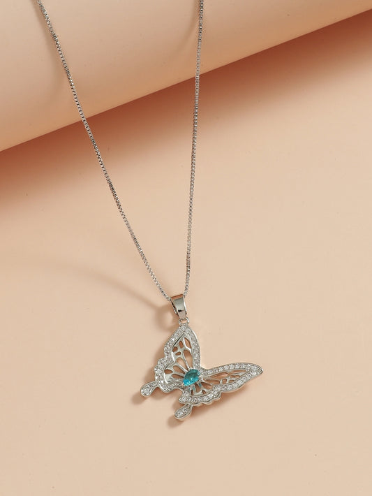 Beautiful Blue Crystal Butterfly Silver Tone Pendant Necklace