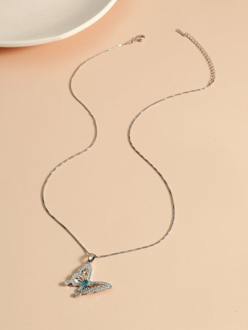 Beautiful Blue Crystal Butterfly Silver Tone Pendant Necklace