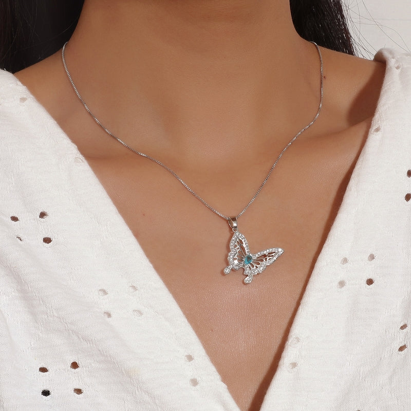 Beautiful Blue Crystal Butterfly Silver Tone Pendant Necklace