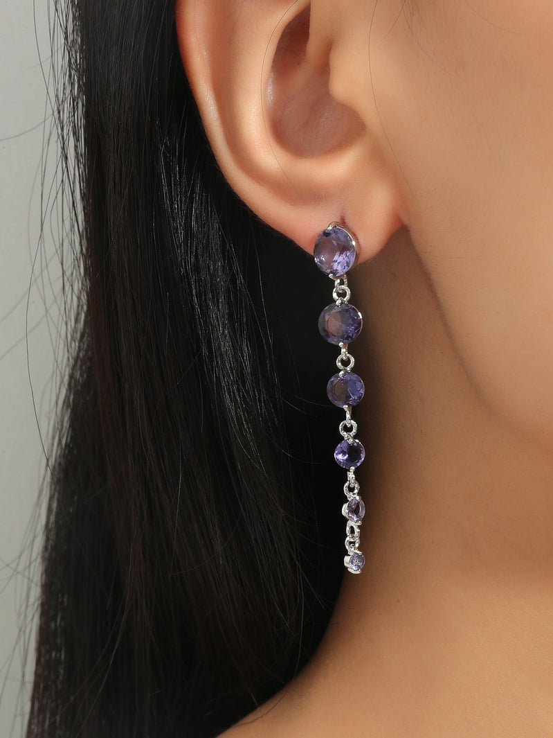 Round Purple Crystal Dangle Drop Chain Earrings