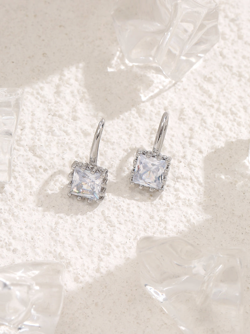 Sparkling Silver Crystal Cubic Zirconia Square Drop Earrings