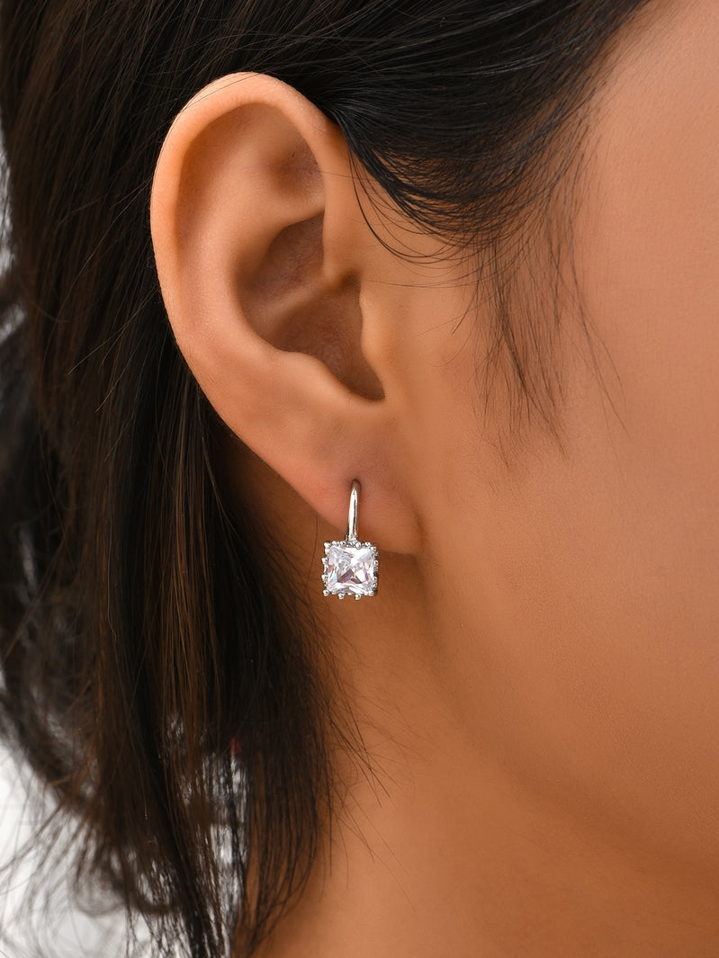 Fashion Sparkly Crystal Square Hook Earrings in Silver Tone