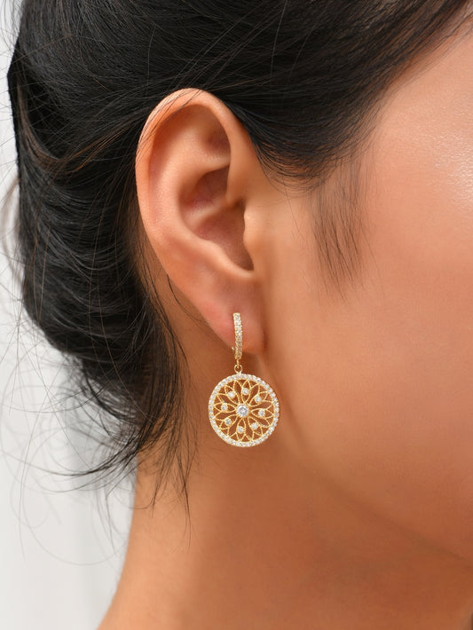 Sparkling Gold Snowflake Cubic Zirconia Gemstones Dangly Earrings