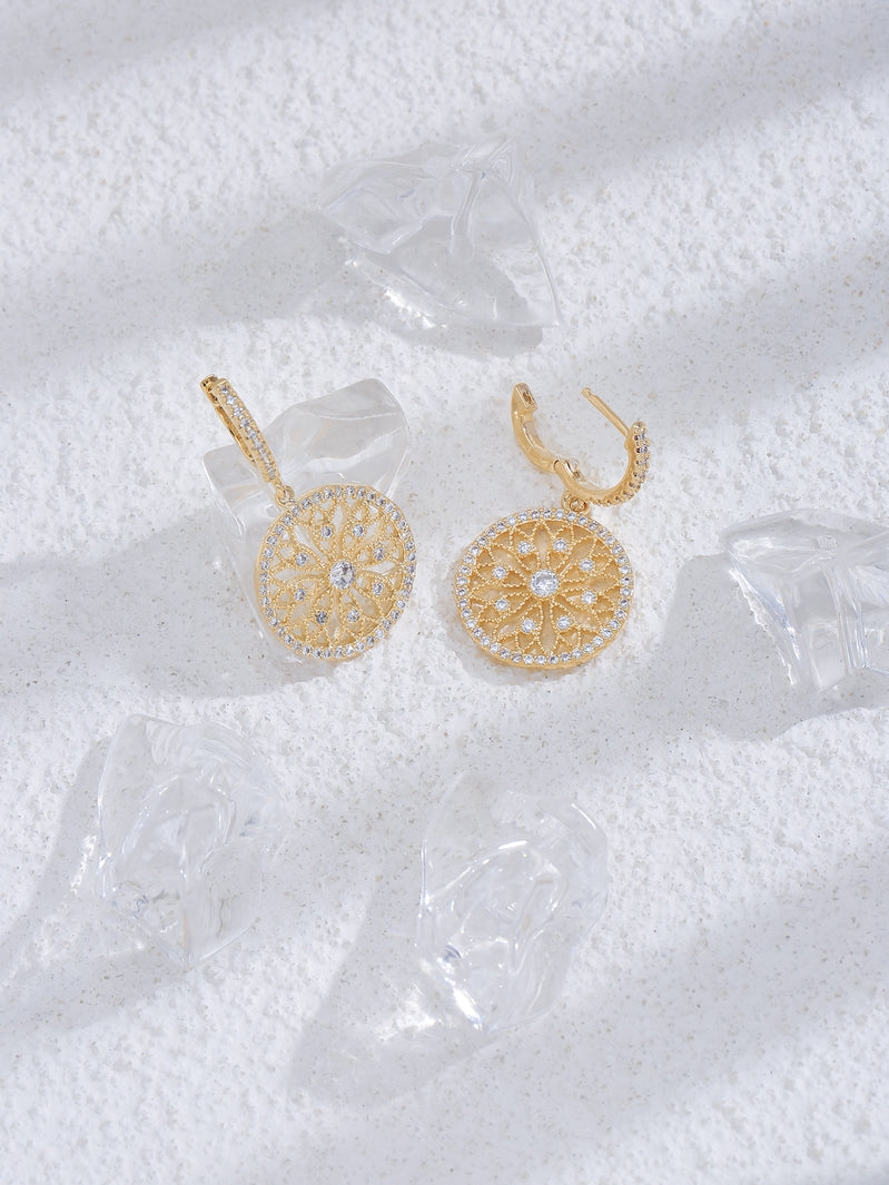 Sparkling Gold Snowflake Cubic Zirconia Gemstones Dangly Earrings