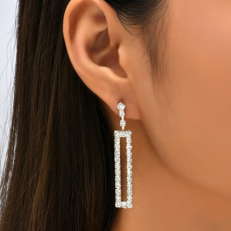Elegant Sparkling Crystal Rectangle Drop Earrings In Silver Tone