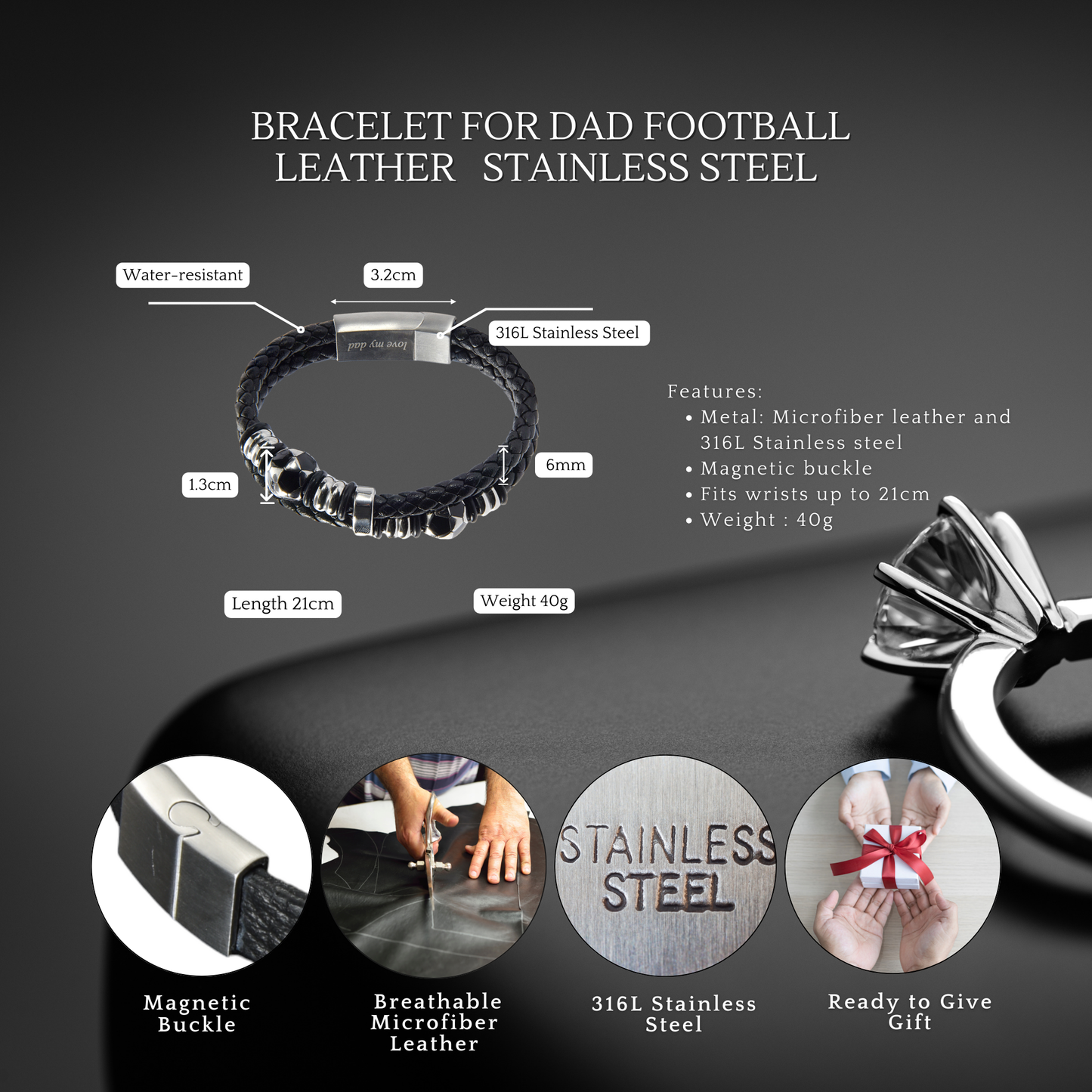 Football Theme Bracelet For Dad Engraved Leather Stainless steel with Personalised Message Card