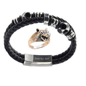 Men’s Wolf Head Ring and Black Leather Beads Bracelet In Football Pattern With Engraved Dad Message