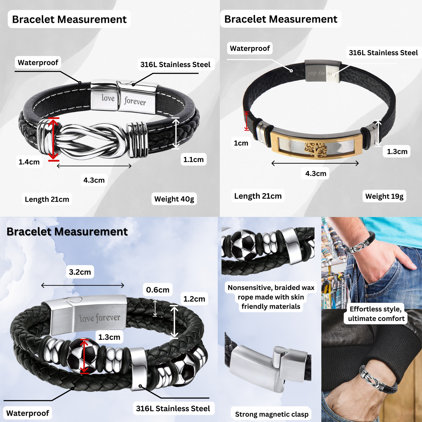 Men’s Genuine Black Leather Football Infinity Tree of Life Bracelet With Love My Son Engraving Selections