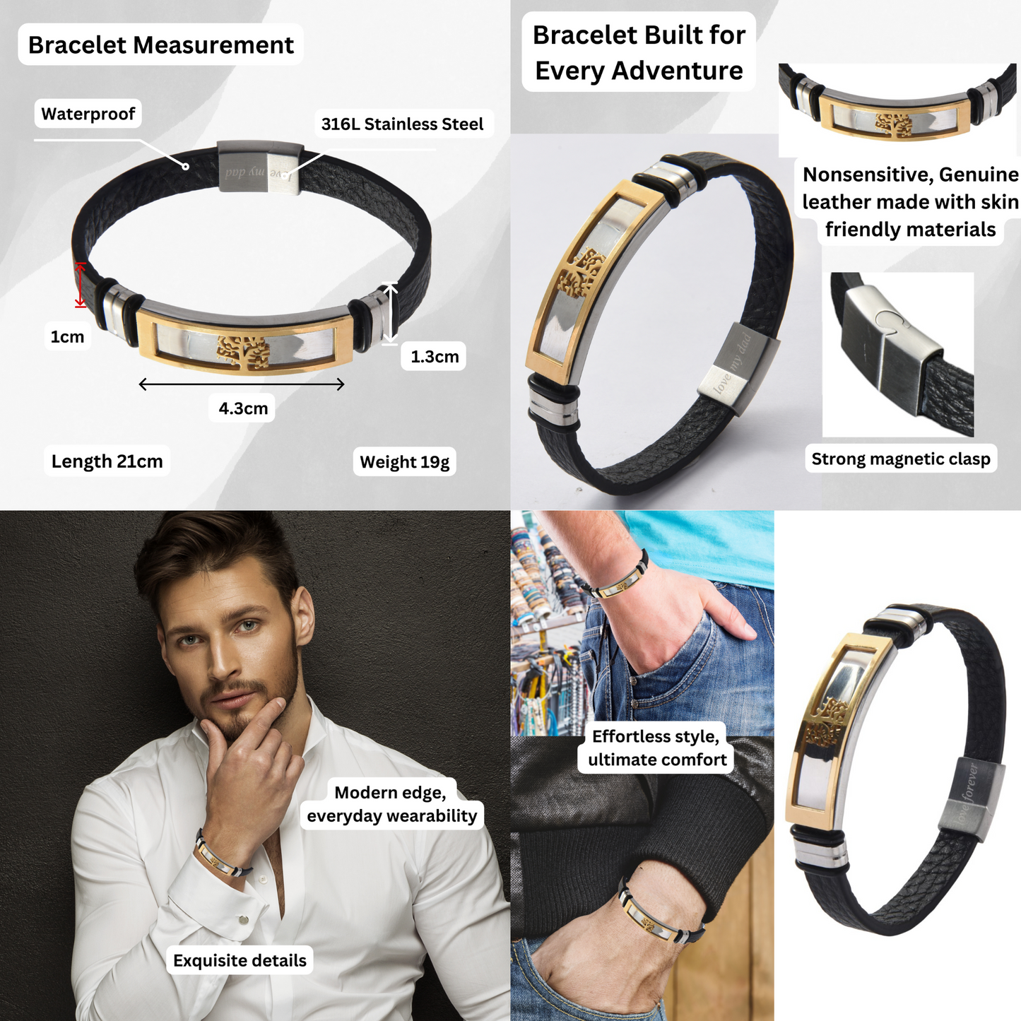 Black Genuine Leather Men’s Bracelet Stainless Steel Tree of Life With Engraved Messages