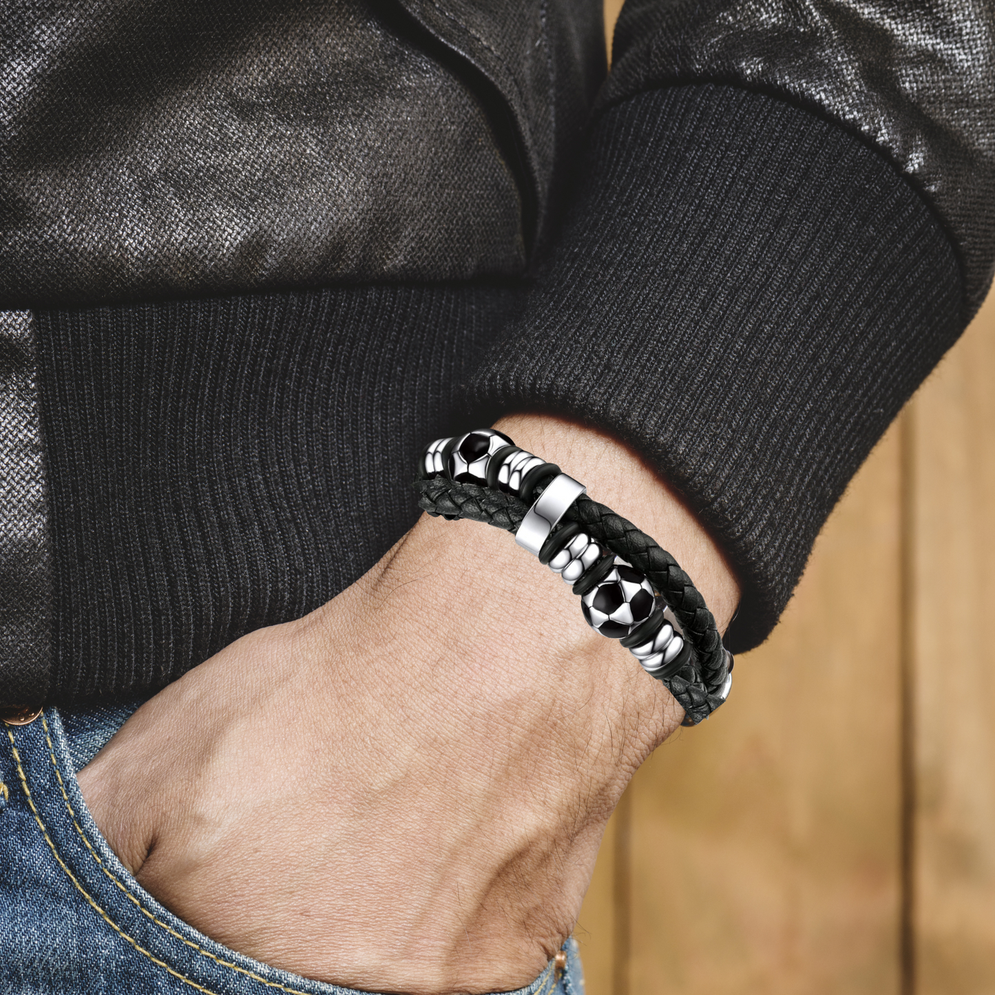 Men’s Black Leather Football Beads Bracelet with Engraved Messages – A Timeless Gift with a Personal Touch