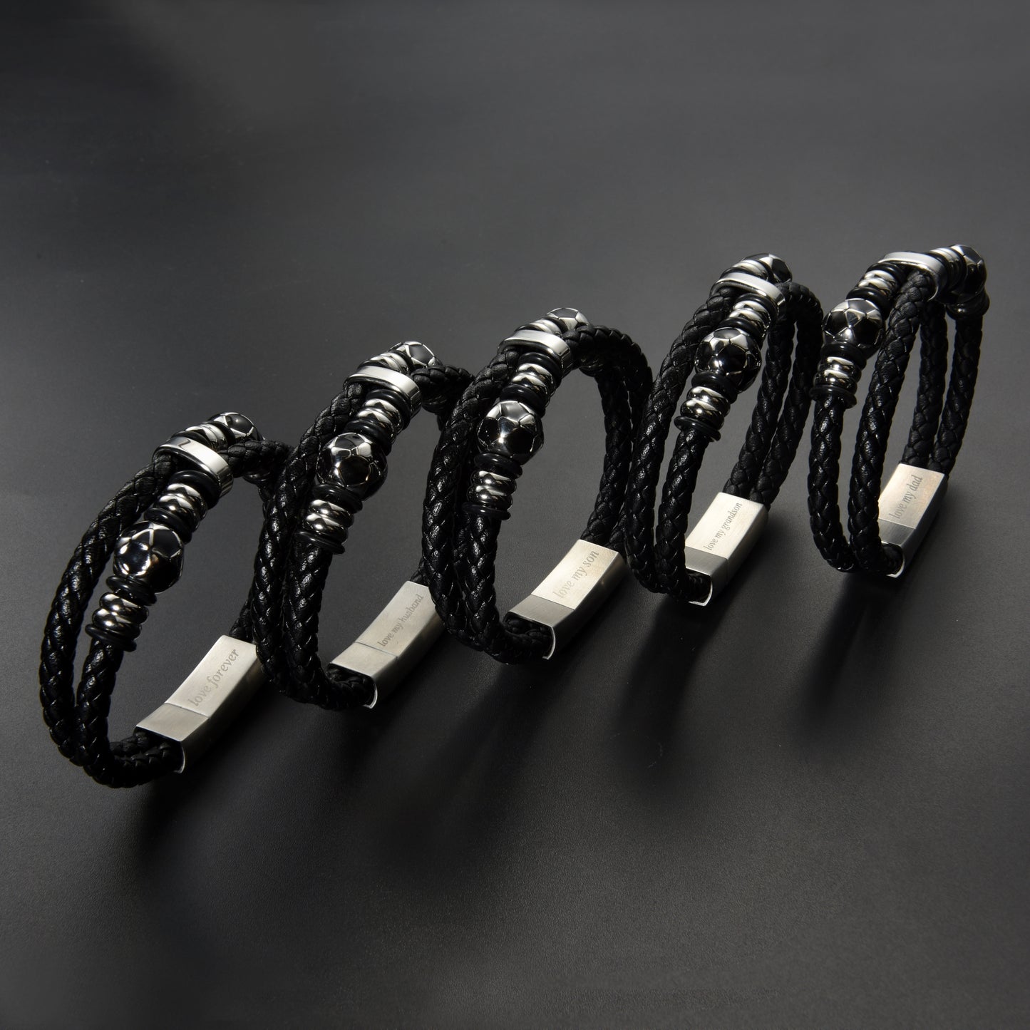 Men’s Black Leather Football Beads Bracelet with Engraved Messages – A Timeless Gift with a Personal Touch