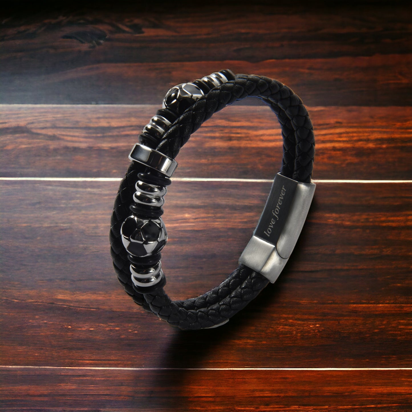 Men’s Genuine Black Leather Football Infinity Tree of Life Bracelet With Love Forever Engraving Selections