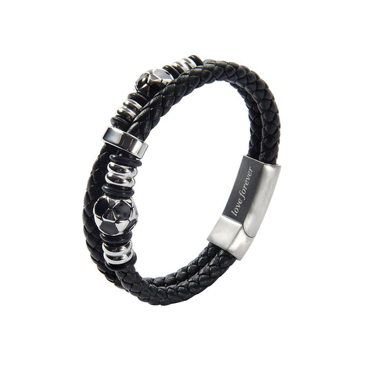 Men’s Genuine Black Leather Football Infinity Tree of Life Bracelet With Love Forever Engraving Selections