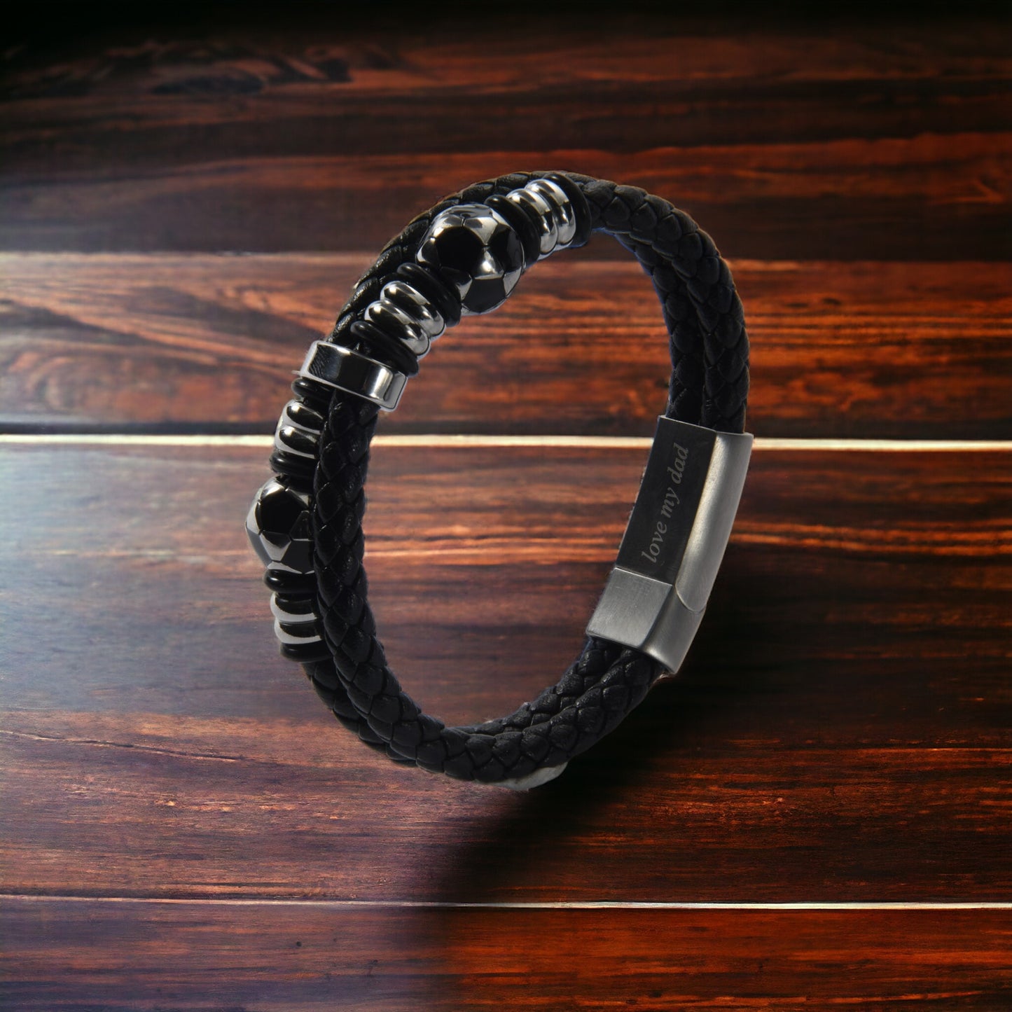 Men’s Genuine Black Leather Football Infinity Tree of Life Bracelet With Dad Engraving Selections