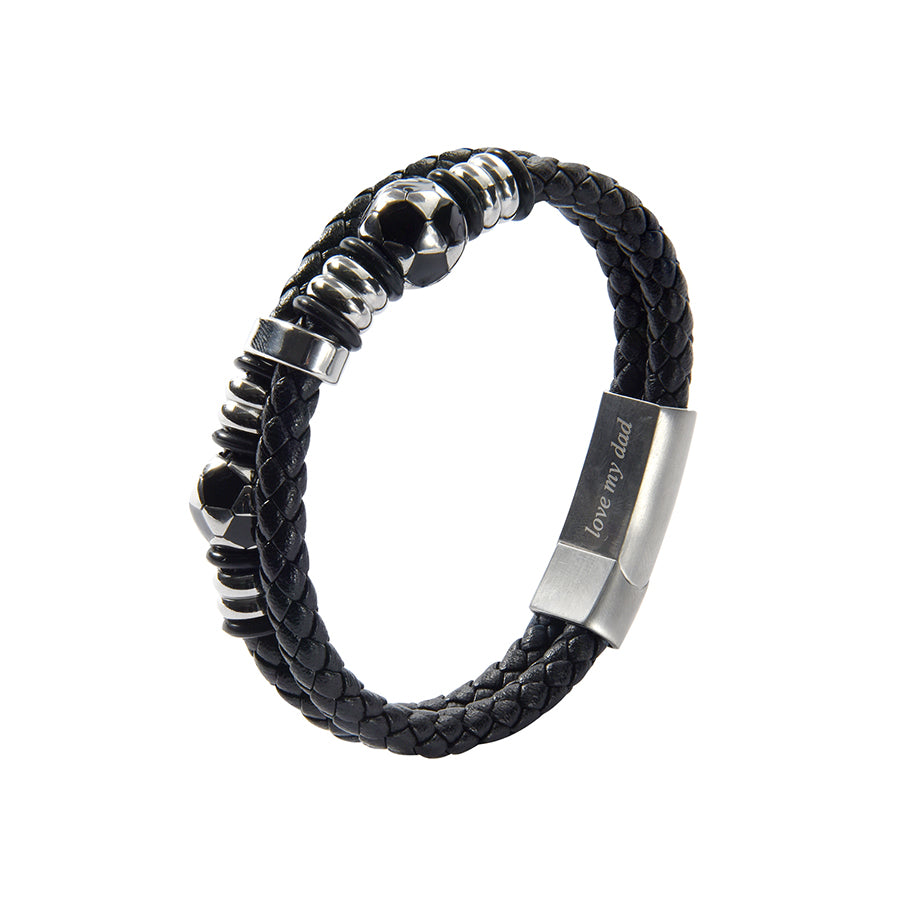 Men’s Genuine Black Leather Football Infinity Tree of Life Bracelet With Dad Engraving Selections