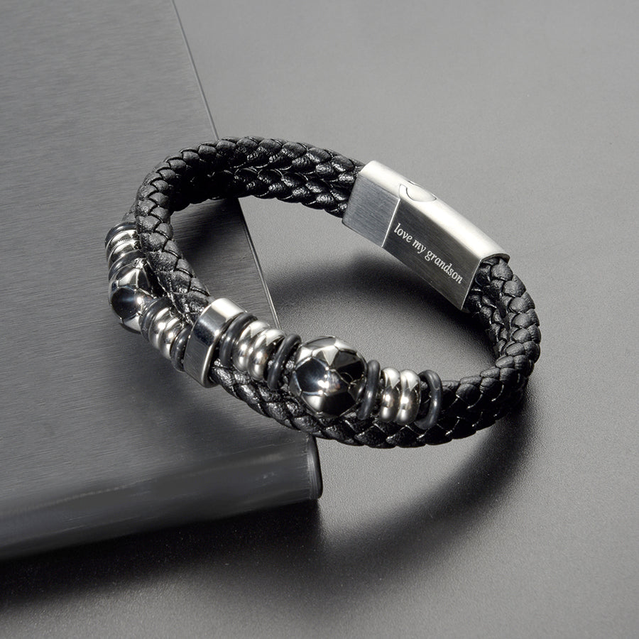 Men’s Genuine Black Leather Football Infinity Tree of Life Bracelet With Love My Grandson Engraving Selections