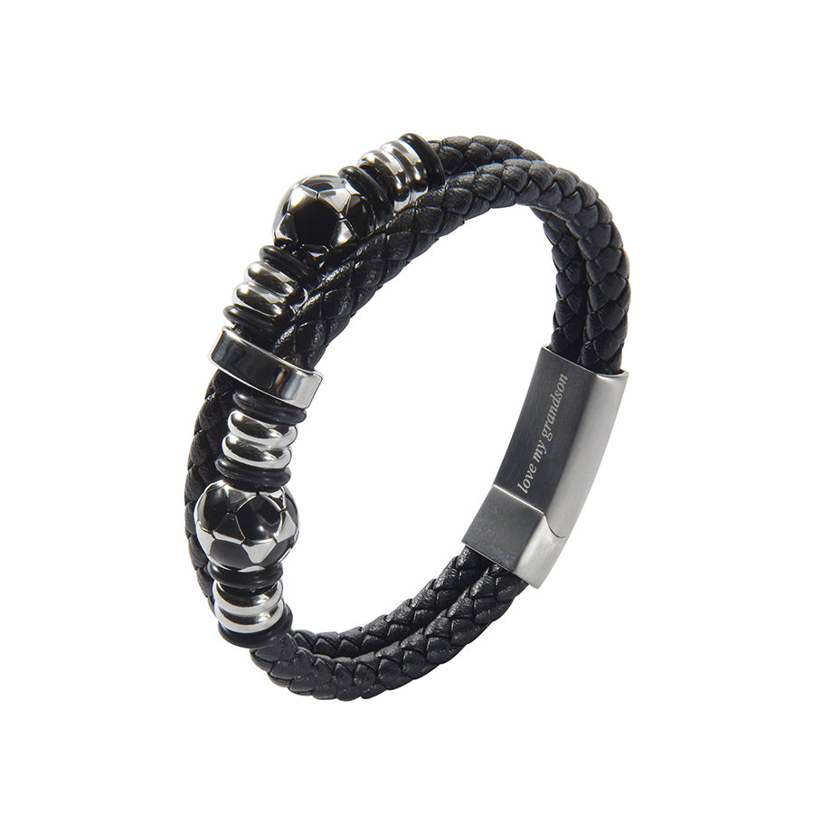 Men’s Genuine Black Leather Football Infinity Tree of Life Bracelet With Love My Grandson Engraving Selections