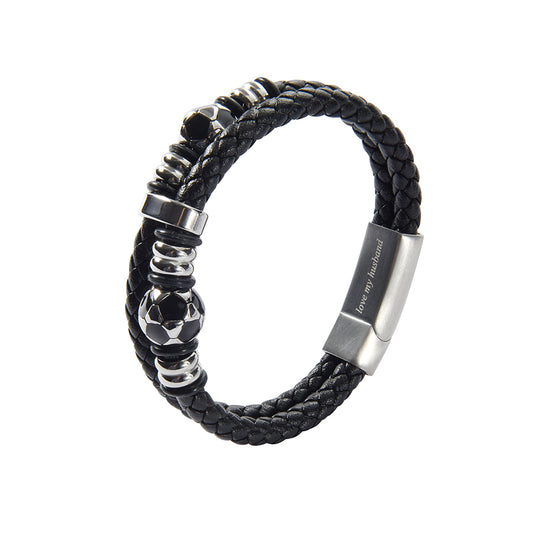Men’s Genuine Black Leather Football Infinity Tree of Life Bracelet With Love My Husband Engraving Selections