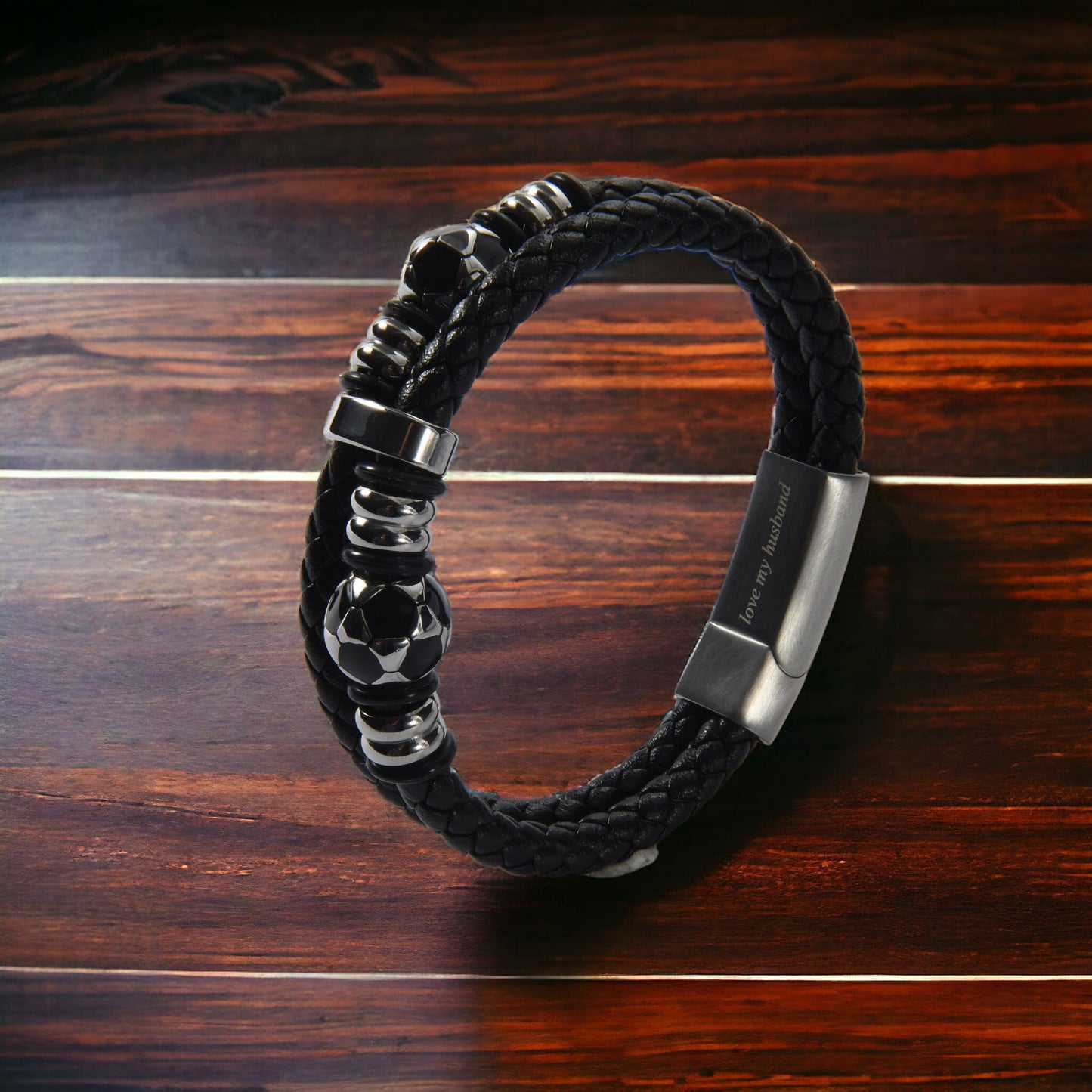 Men’s Genuine Black Leather Football Infinity Tree of Life Bracelet With Love My Husband Engraving Selections