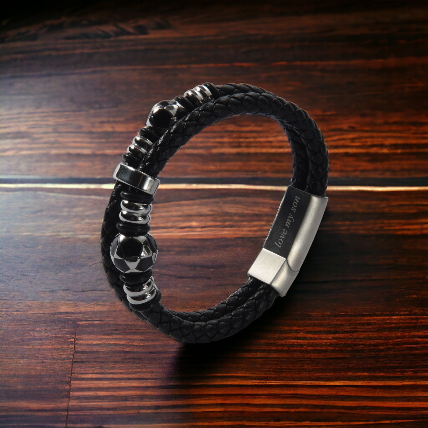 Men’s Genuine Black Leather Football Infinity Tree of Life Bracelet With Love My Son Engraving Selections