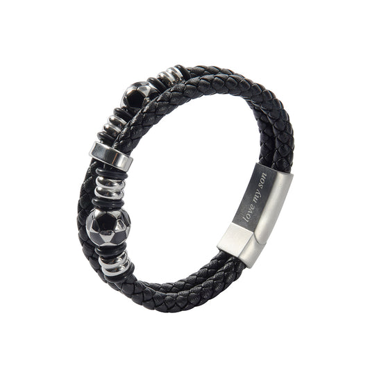 Men’s Genuine Black Leather Football Infinity Tree of Life Bracelet With Love My Son Engraving Selections