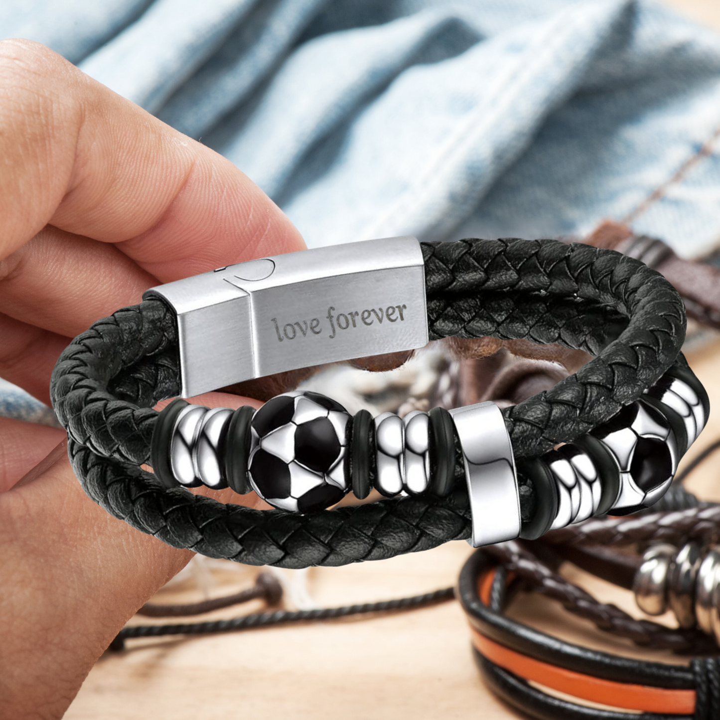 Men’s Black Leather Football Beads Bracelet with Engraved Messages – A Timeless Gift with a Personal Touch