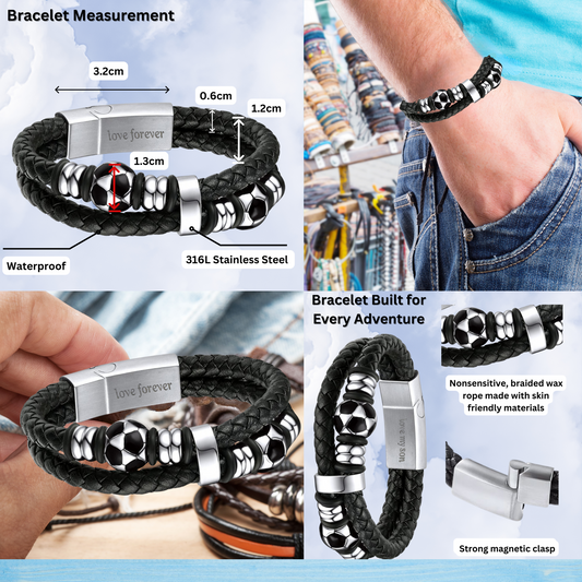 Men’s Black Leather Football Beads Bracelet with Engraved Messages – A Timeless Gift with a Personal Touch