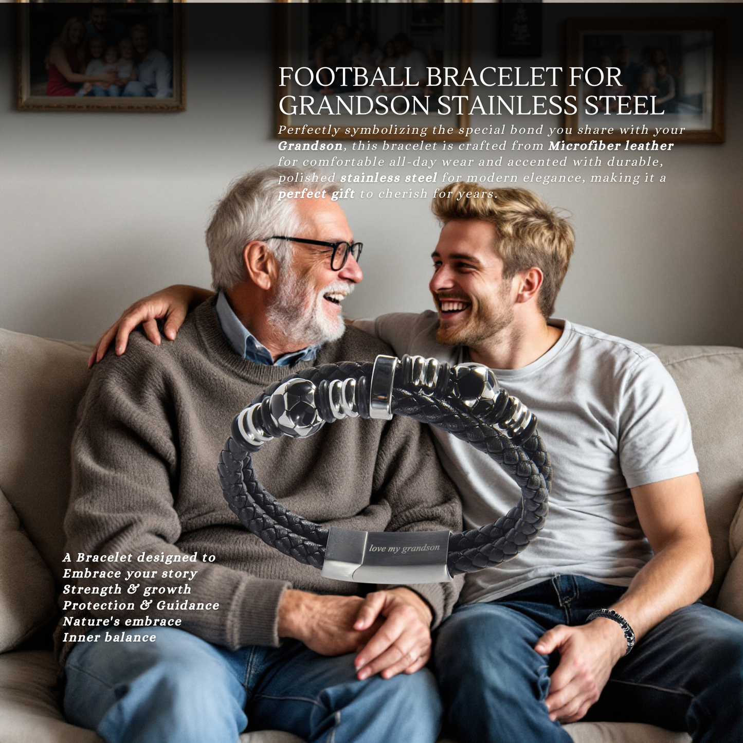 Bracelet For Grandson FootBall Theme Engraved Leather Stainless steel with Personalised Message