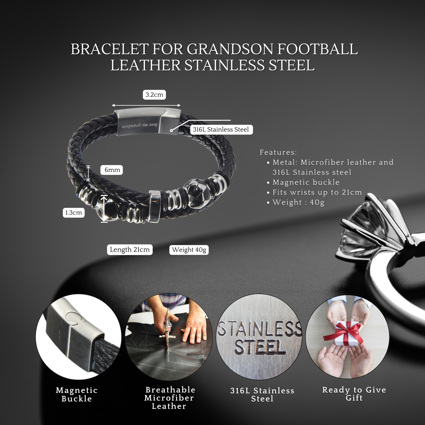 Bracelet For Grandson FootBall Theme Engraved Leather Stainless steel with Personalised Message