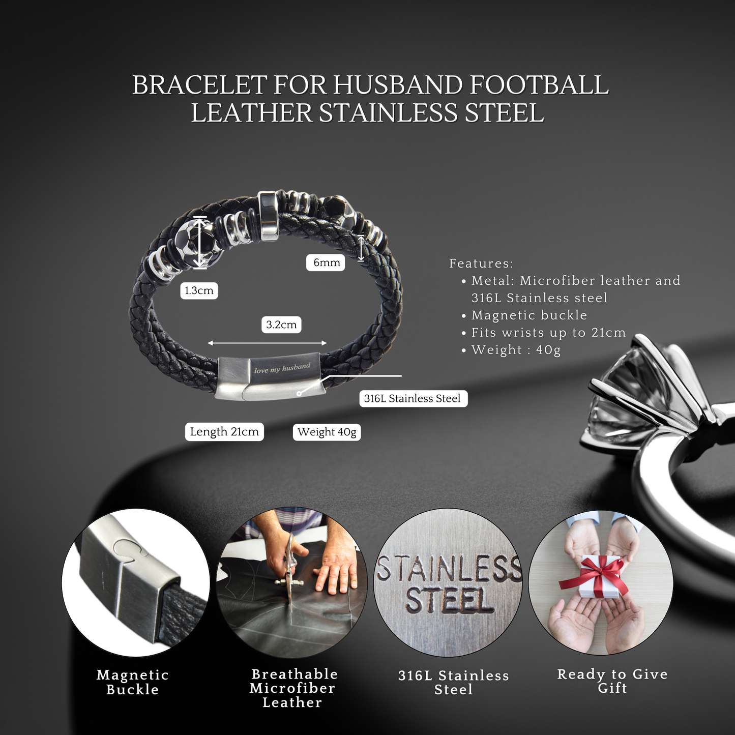 Bracelet For Husband FootBall Theme Engraved Leather Stainless steel with Personalised Message