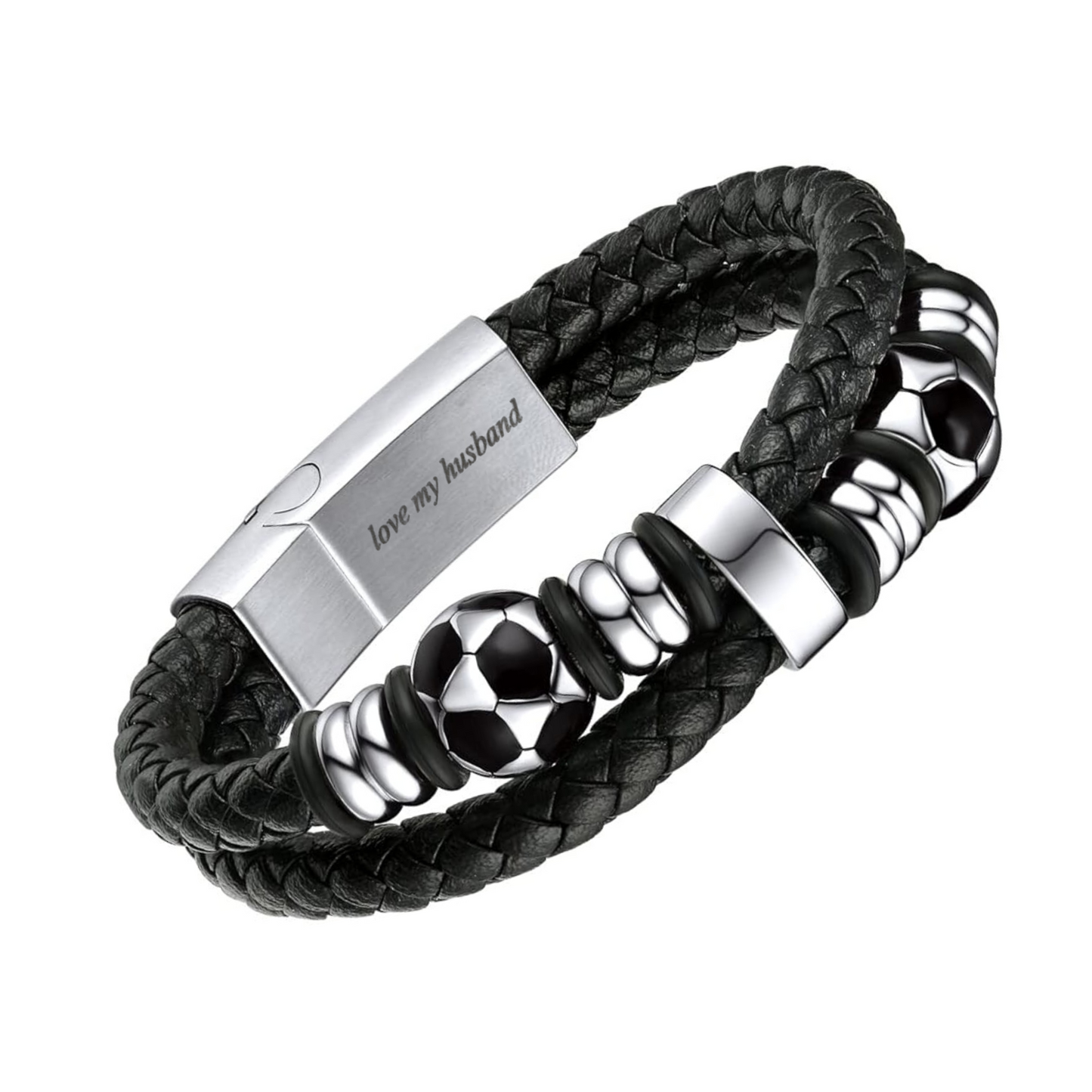 Men’s Black Leather Football Beads Bracelet with Engraved Messages – A Timeless Gift with a Personal Touch