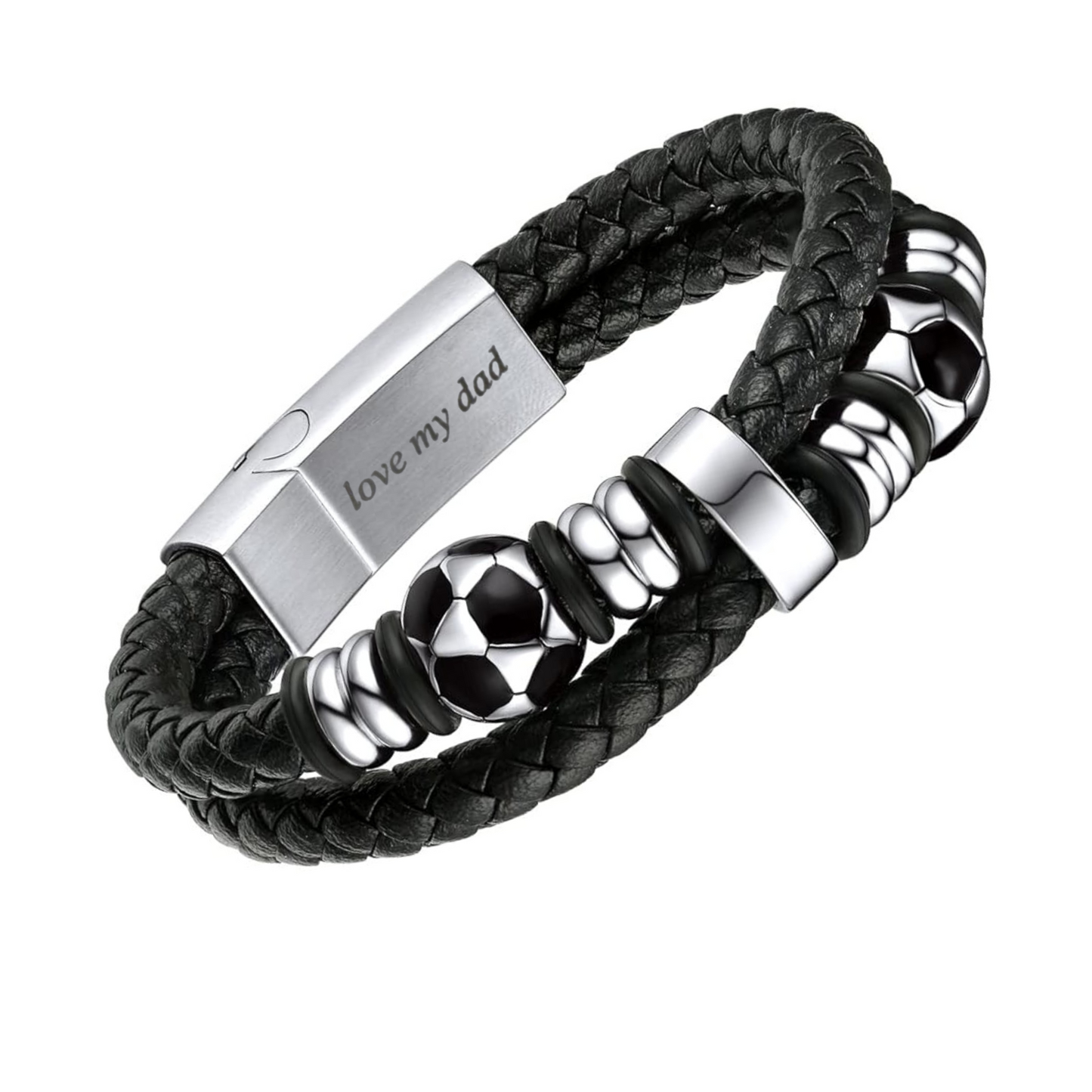 Men’s Black Leather Football Beads Bracelet with Engraved Messages – A Timeless Gift with a Personal Touch