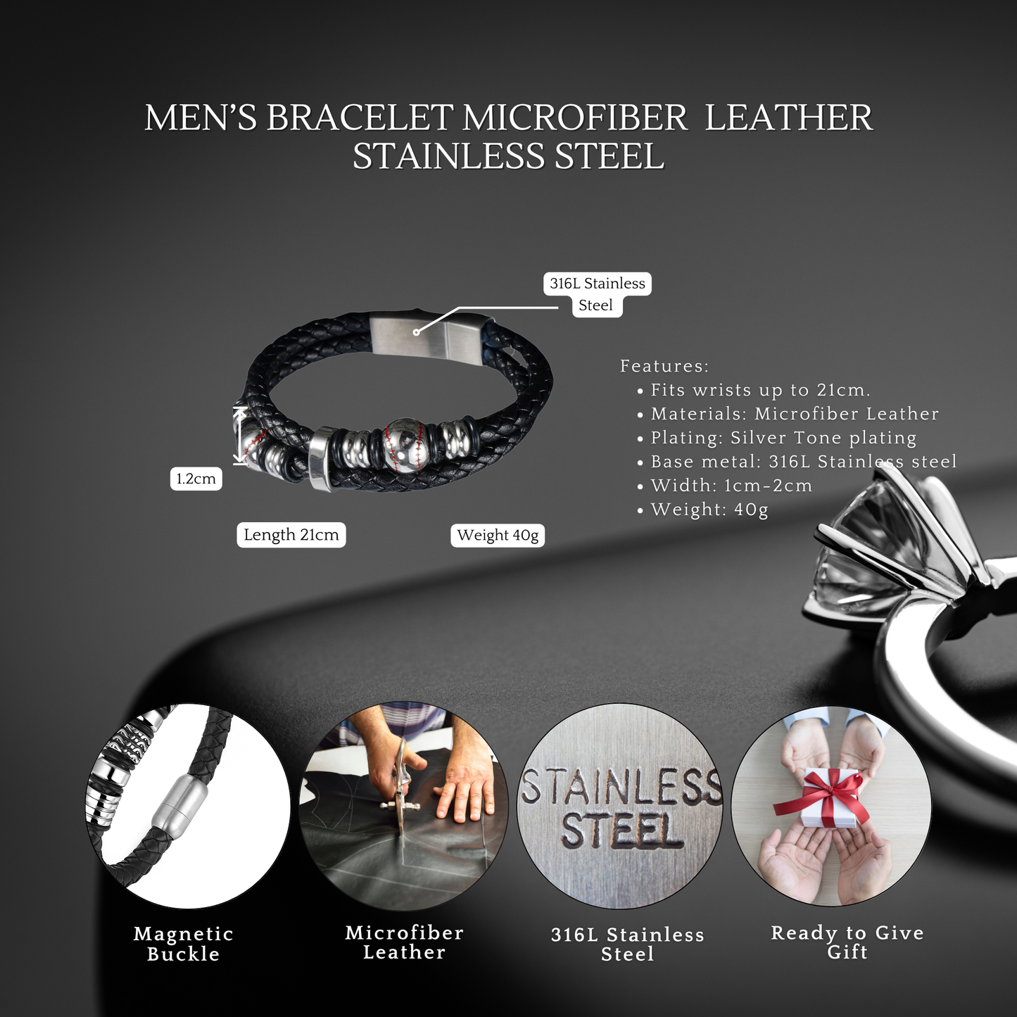 Stylish Men’s Black Leather Beads Bracelet In Baseball Pattern
