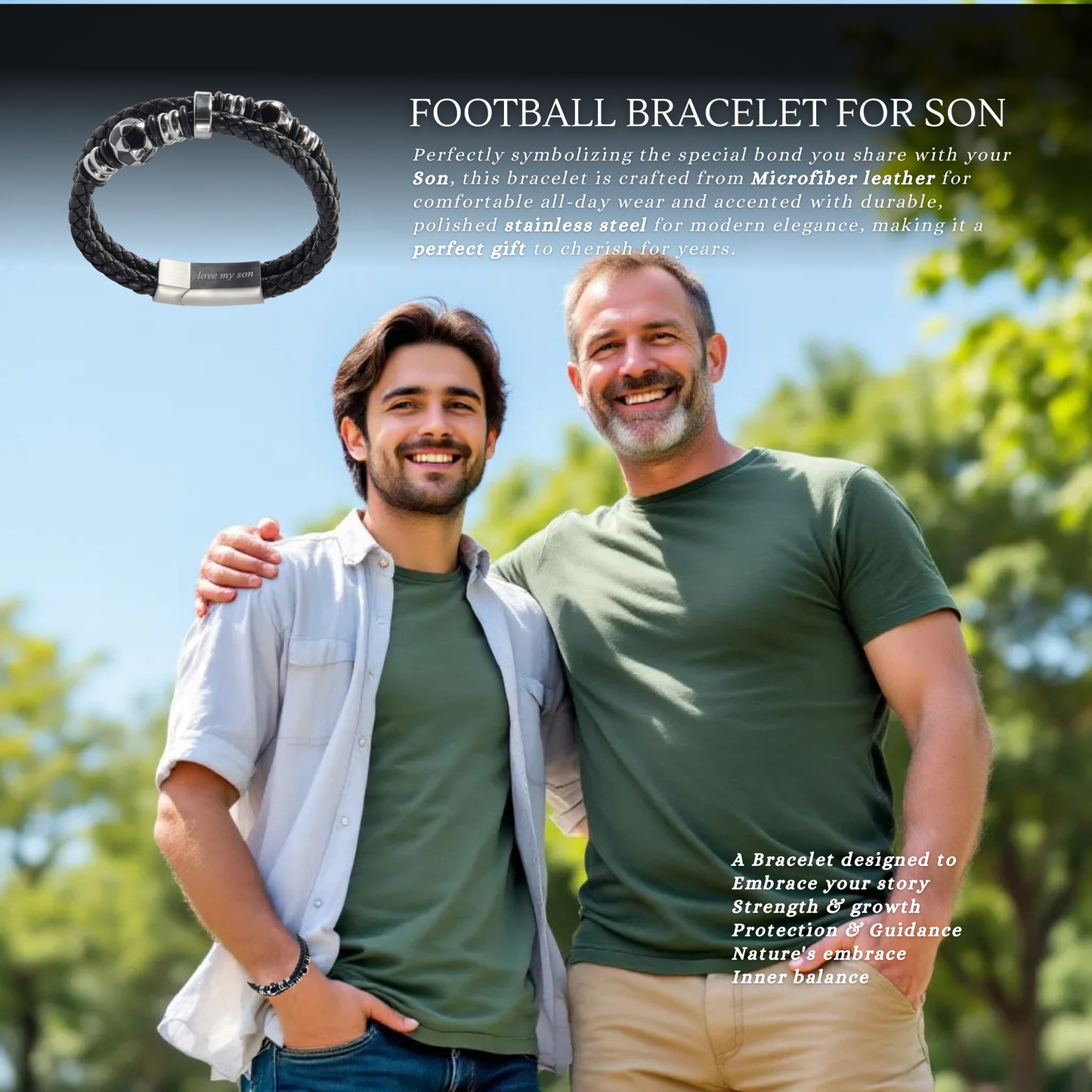 Bracelet For Son FootBall Theme Engraved Leather Stainless steel with Personalised Message