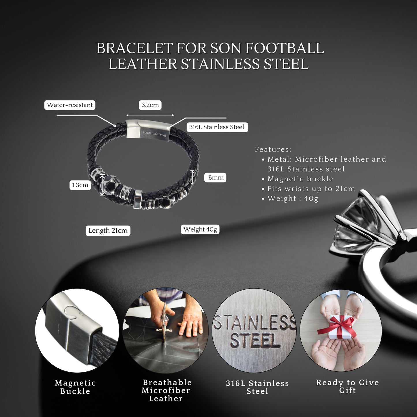 Bracelet For Son FootBall Theme Engraved Leather Stainless steel with Personalised Message