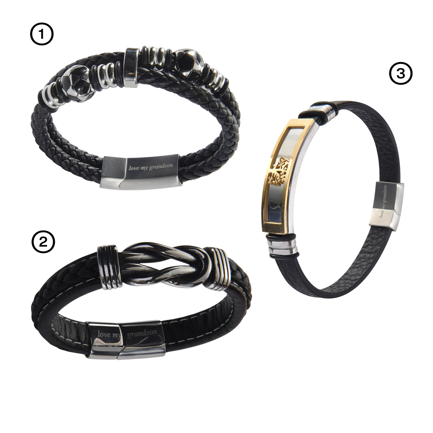 Men’s Genuine Black Leather Football Infinity Tree of Life Bracelet With Love My Grandson Engraving Selections