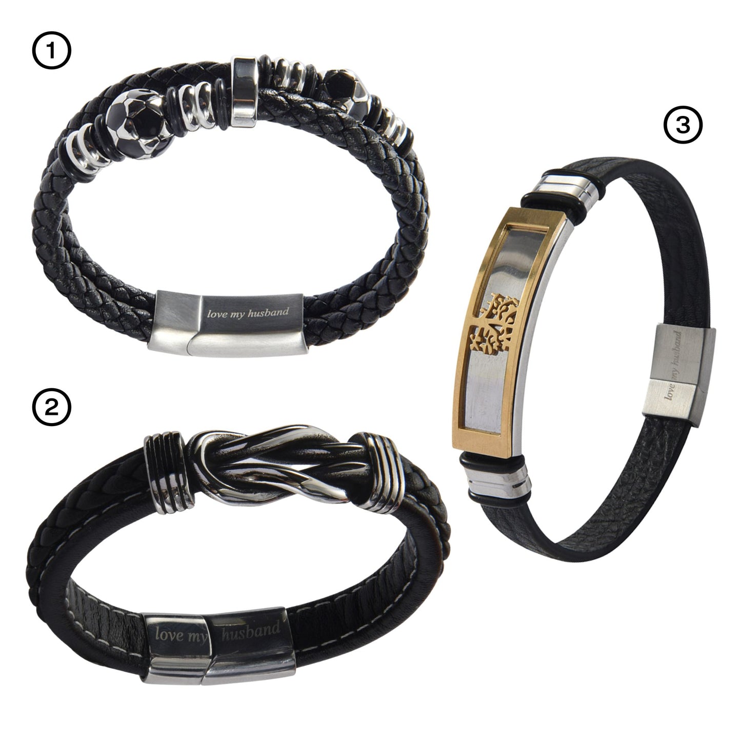 Men’s Genuine Black Leather Football Infinity Tree of Life Bracelet With Love My Husband Engraving Selections