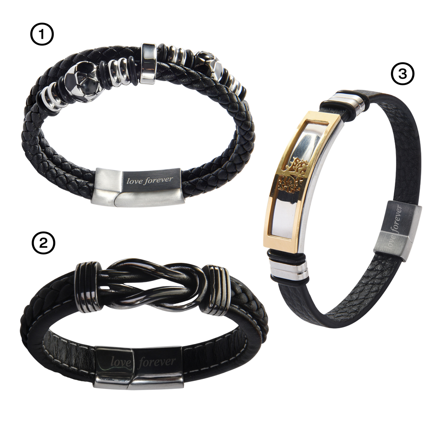Men’s Genuine Black Leather Football Infinity Tree of Life Bracelet With Love Forever Engraving Selections