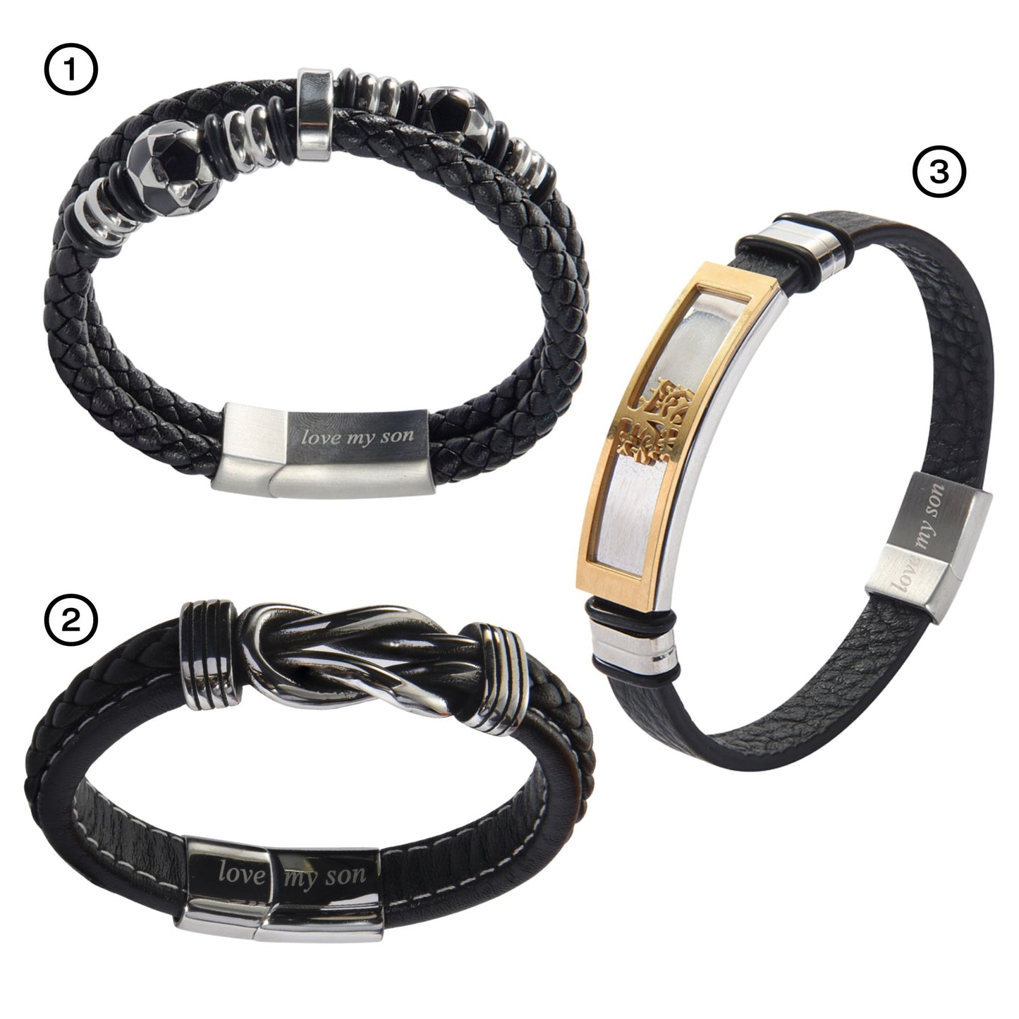 Men’s Genuine Black Leather Football Infinity Tree of Life Bracelet With Love My Son Engraving Selections
