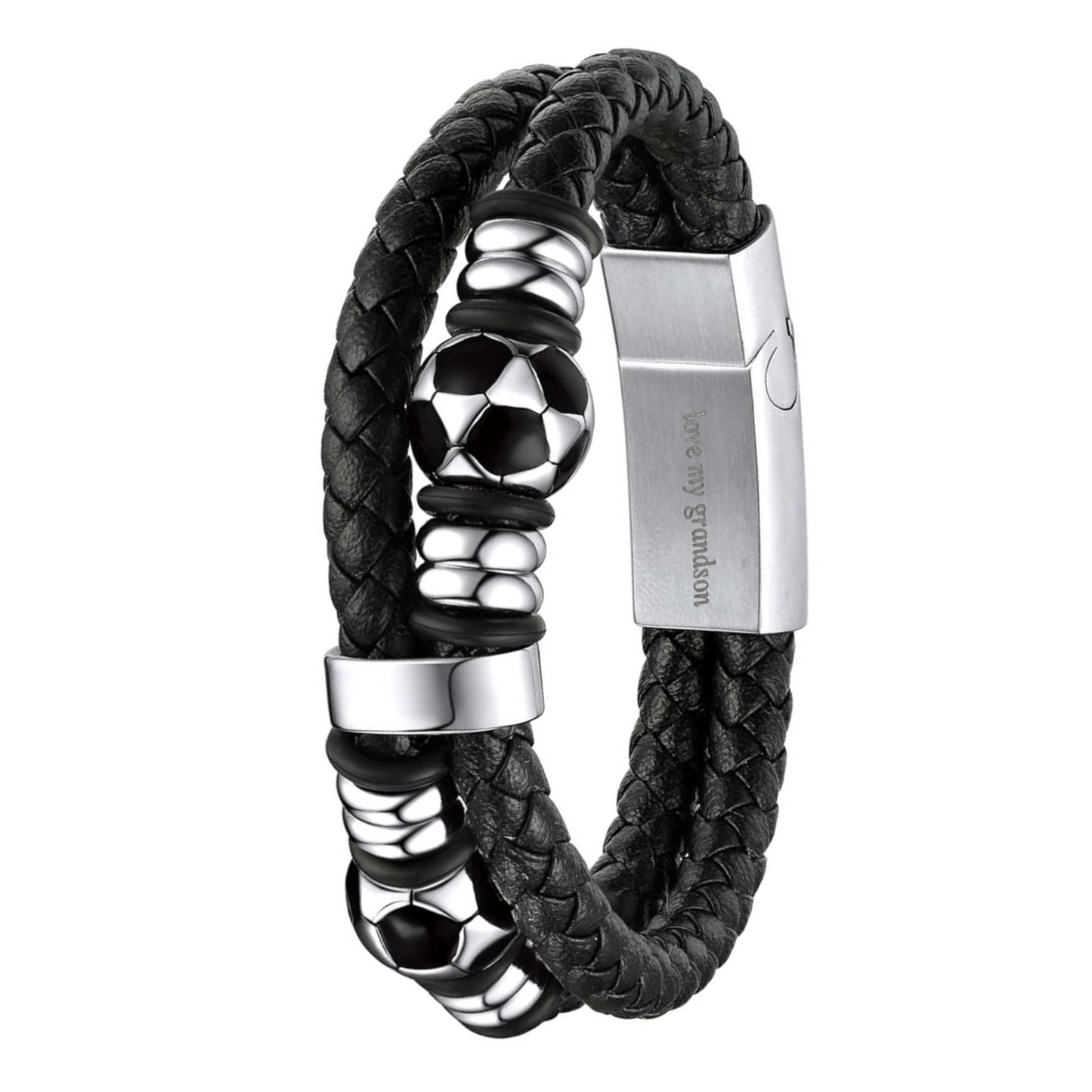 Men’s Black Leather Football Beads Bracelet with Engraved Messages – A Timeless Gift with a Personal Touch