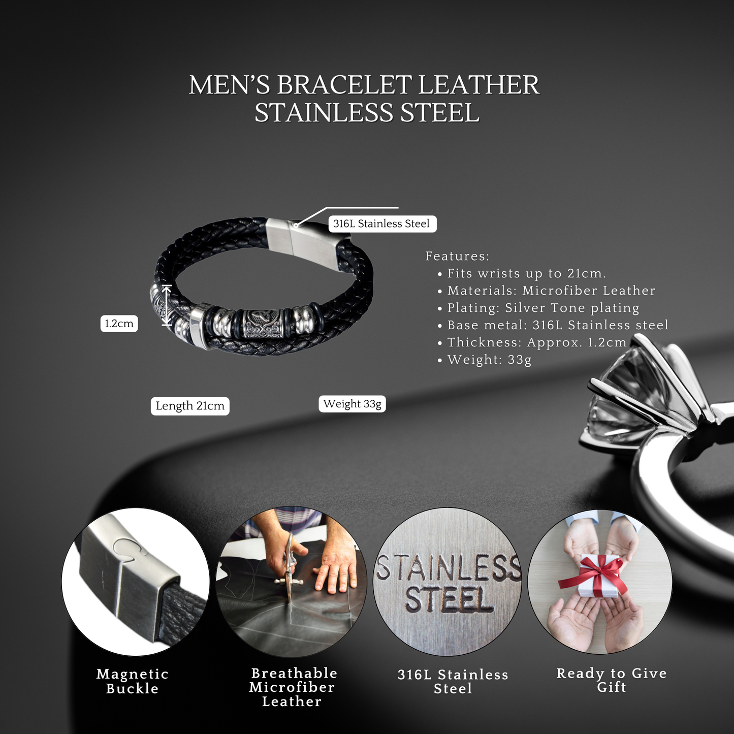Stylish Triquetra Men’s Black Leather Beads Bracelet In Silver Tone